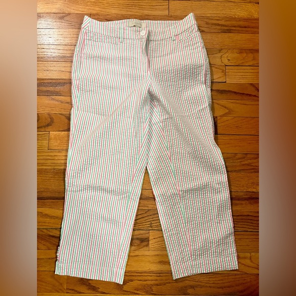 Talbots Pink Green and White Striped Seersucker Capri Pants Size 4 - Picture 1 of 4
